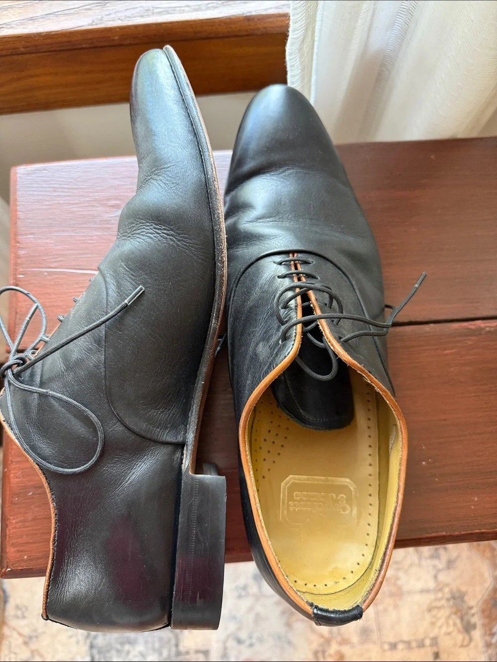 Crockett & Jones oxfords. Men's Black Leather Lace-Up Dress Shoes w/ Brown Trim - Picture 6 of 10